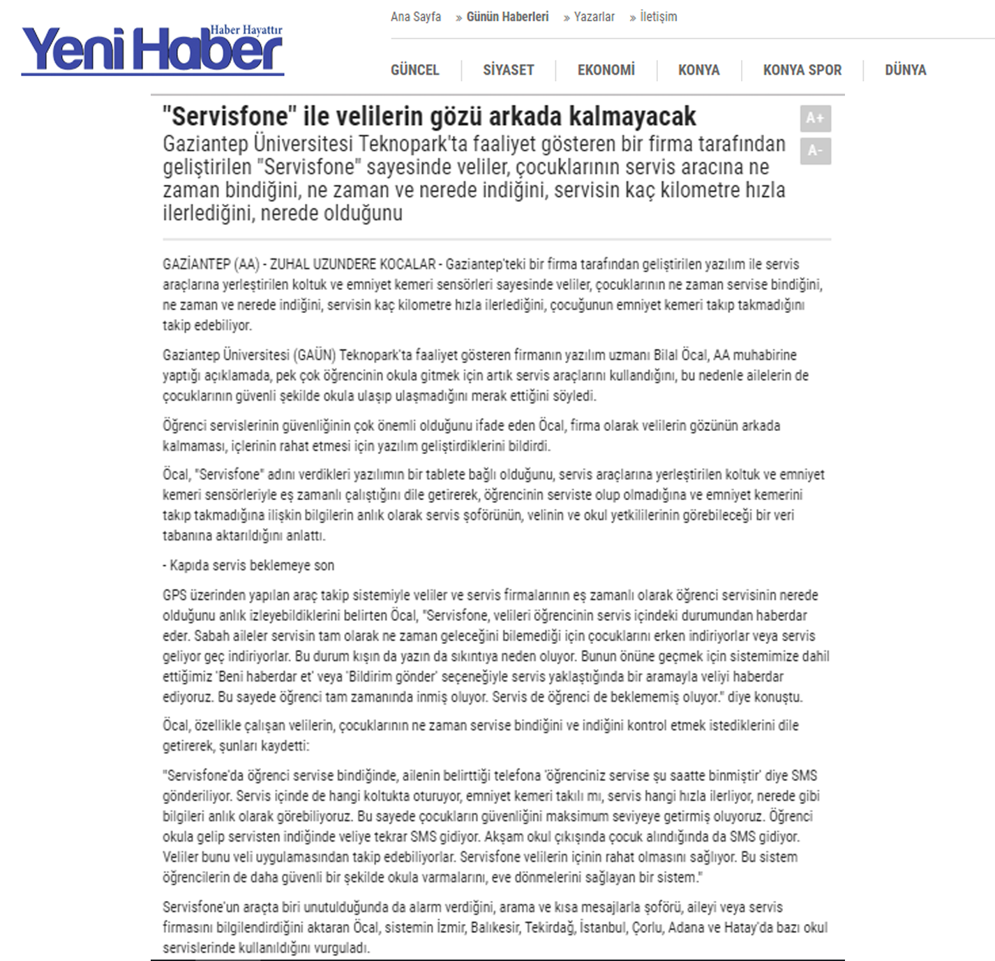 Veli/öğrenci bilgilendirme sistemi Yeni Haber'de